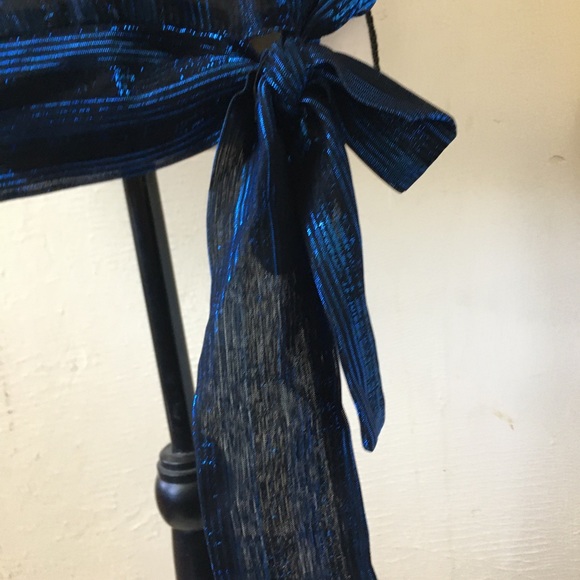 Vintage 80s Frejani Formal Sheer Blouse Top Black Blue Metallic Stripe XL - Picture 4 of 6